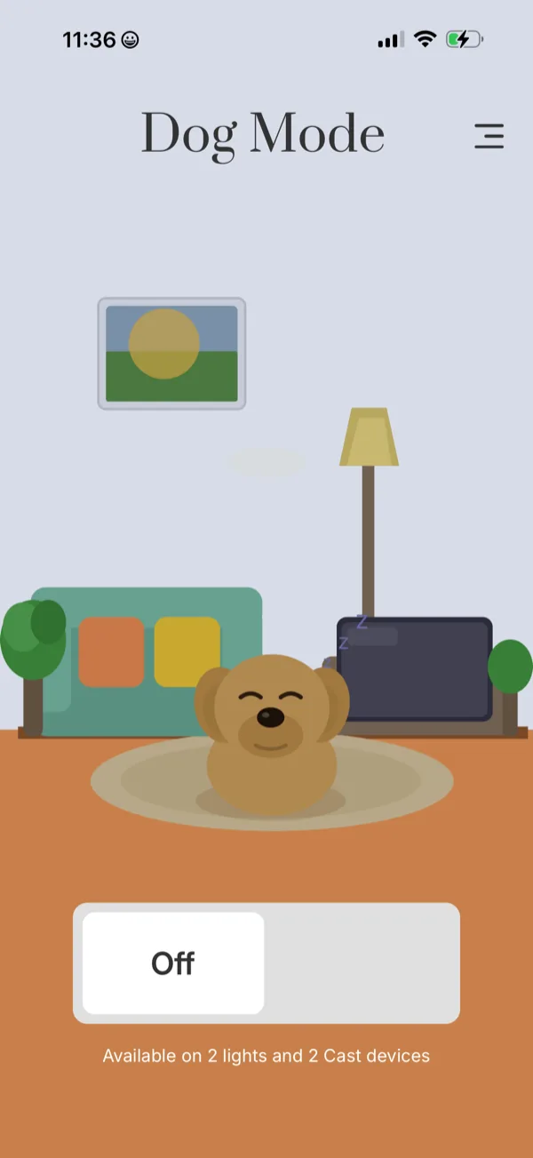 Dog Mode app, off state — illustrated dog asleep in a dim room with a single lamp and a Cast display showing a sunset wallpaper.