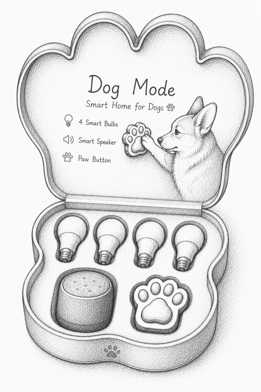 Pencil sketch of the Dog Mode kit — a paw-shaped case containing four smart bulbs, a smart speaker, and a paw-shaped button